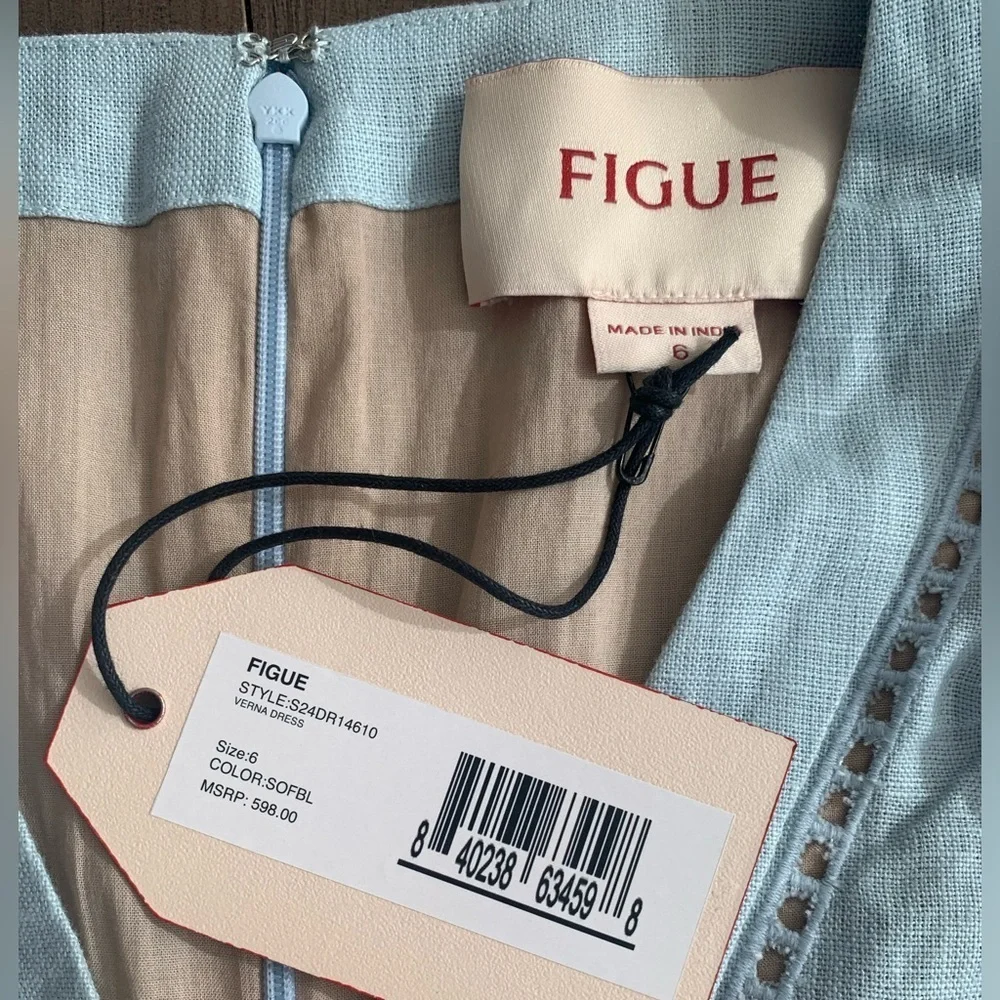 Figue Verna Linen embroidered dress soft blue NWT